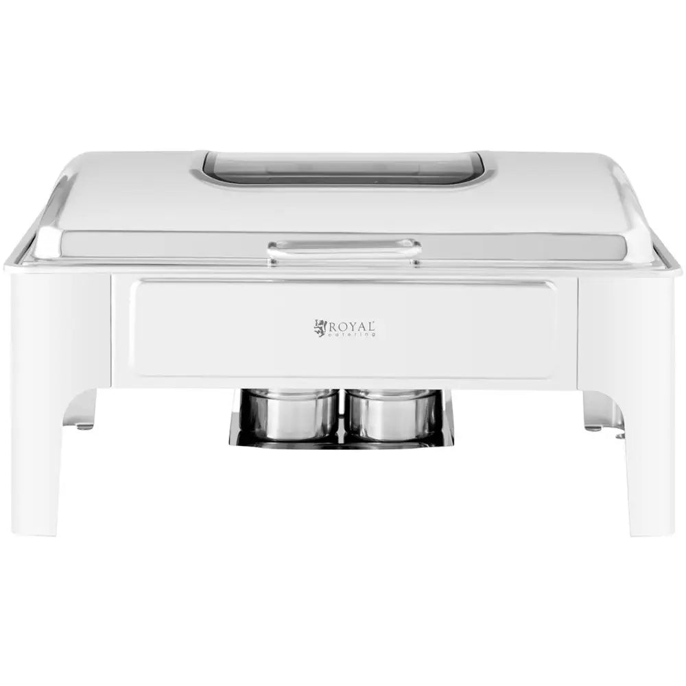 Varmematbeholder med vinduslokk, frontvisning som viser brennkopper under GN 1/1 beholder i rustfritt stål.