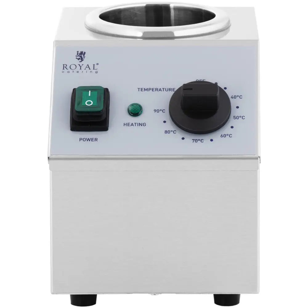 Varmepumpe for sausflasker 1L, frontbilde som viser grønn bryter, temperaturvelger og sirkulær åpning øverst.