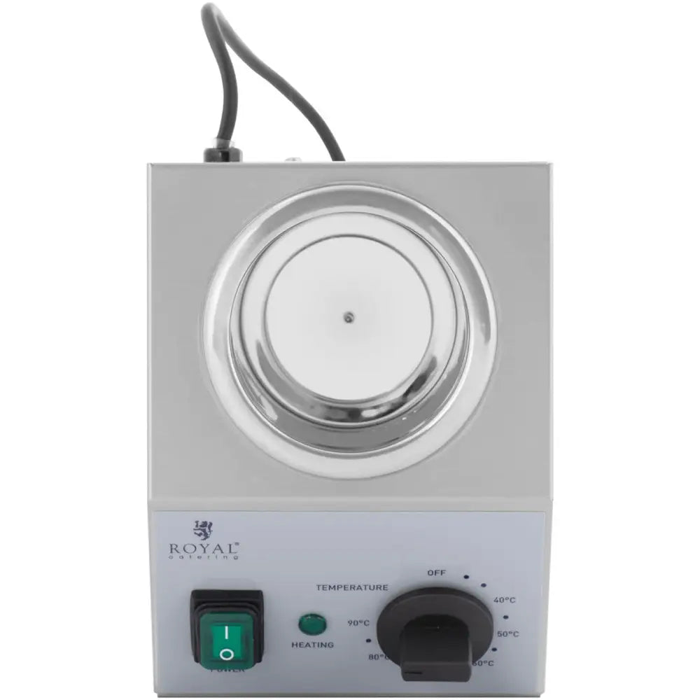 Varmepumpe for sausflasker i børstet stål, frontvisning med grønn av/på-knapp, temperaturvelger og lokk.