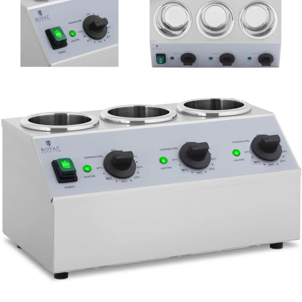 Varmesausflasker med tre rustfrie åpninger, frontpanel med separate temperaturkontroller og grønn strømbryter.