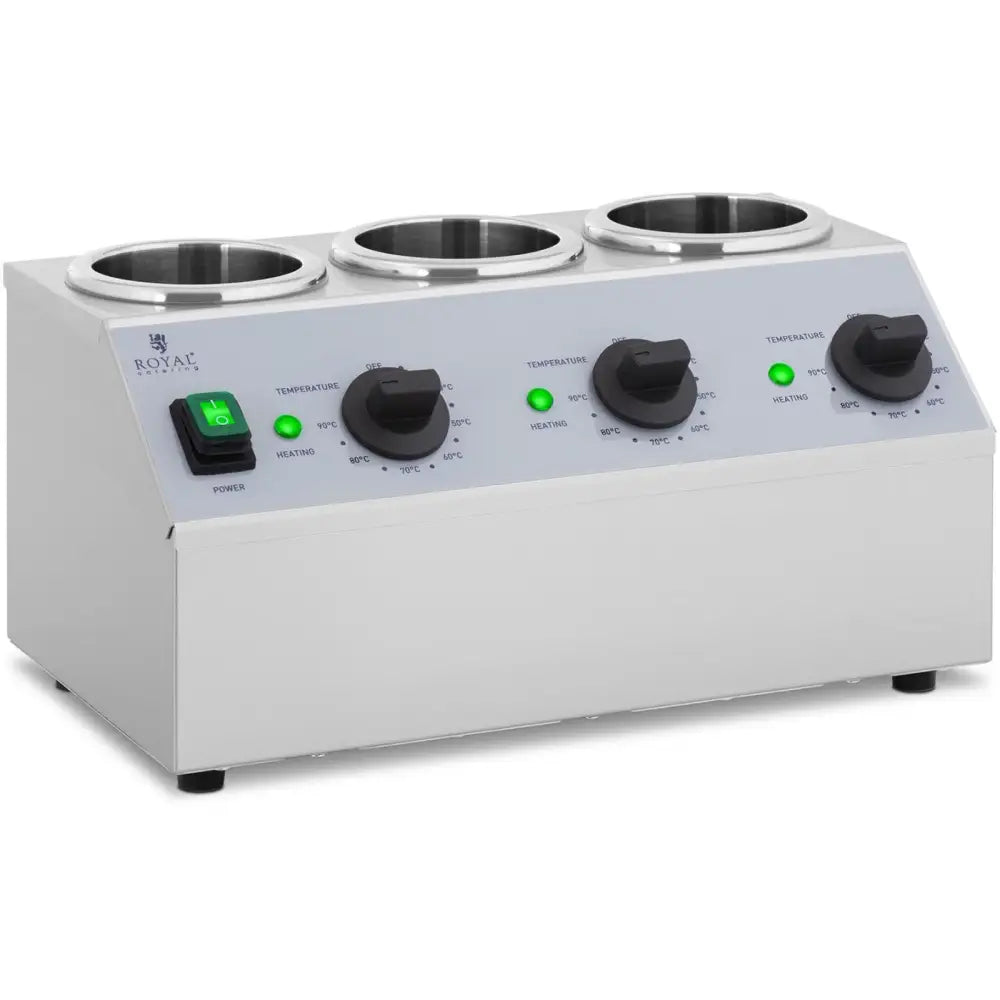 Varmesausflasker med tre runde beholdere, synlig frontpanel med temperaturbrytere og indikatorlys, skrå sidevisning.