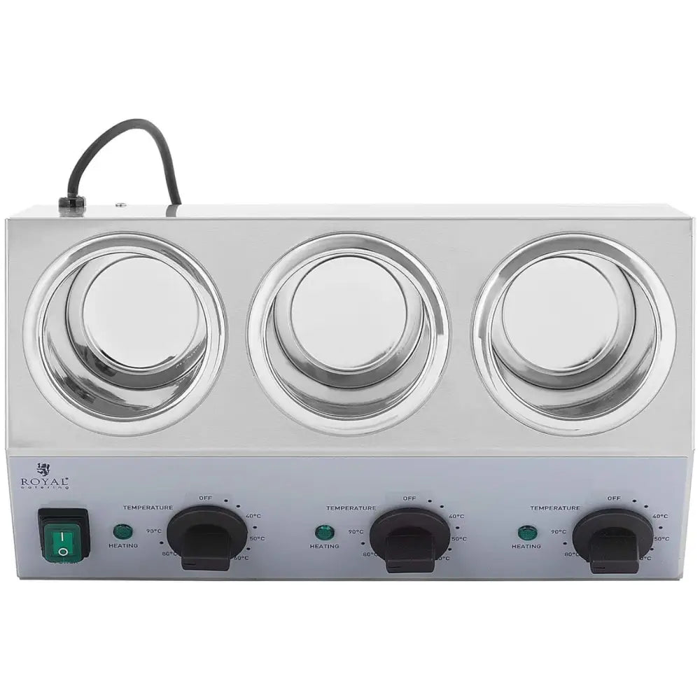 Varmesausflasker med tre beholdere i rustfritt stål, frontvisning med individuelle brytere og kontrollamper.