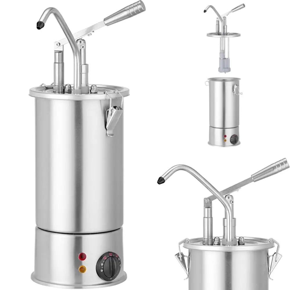 Varmesausvarmer i rustfritt stål, frontvisning med justerbart håndtak, pumpe-tut og opplyst kontrollpanel.