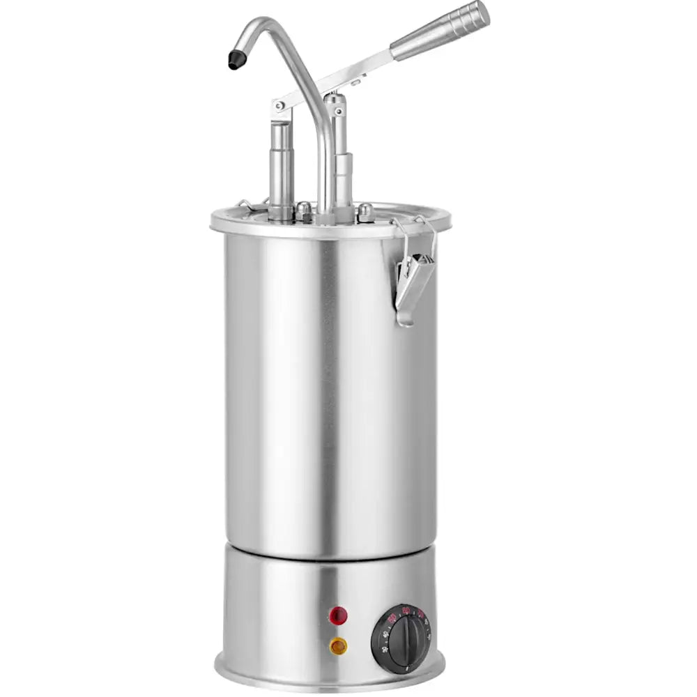 Varmesausvarmer i rustfritt stål, frontvisning med justeringsknapp, indikatorlys og rundt håndtak på lokket.