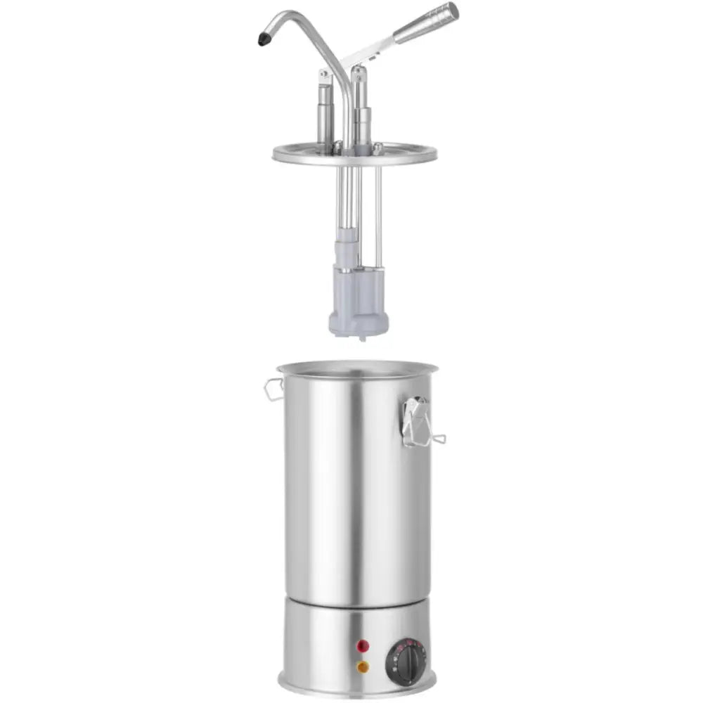 Varmesausvarmer i rustfritt stål, sidevisning med løftet lokk, synlig termostat og kontrollpanel på fronten.