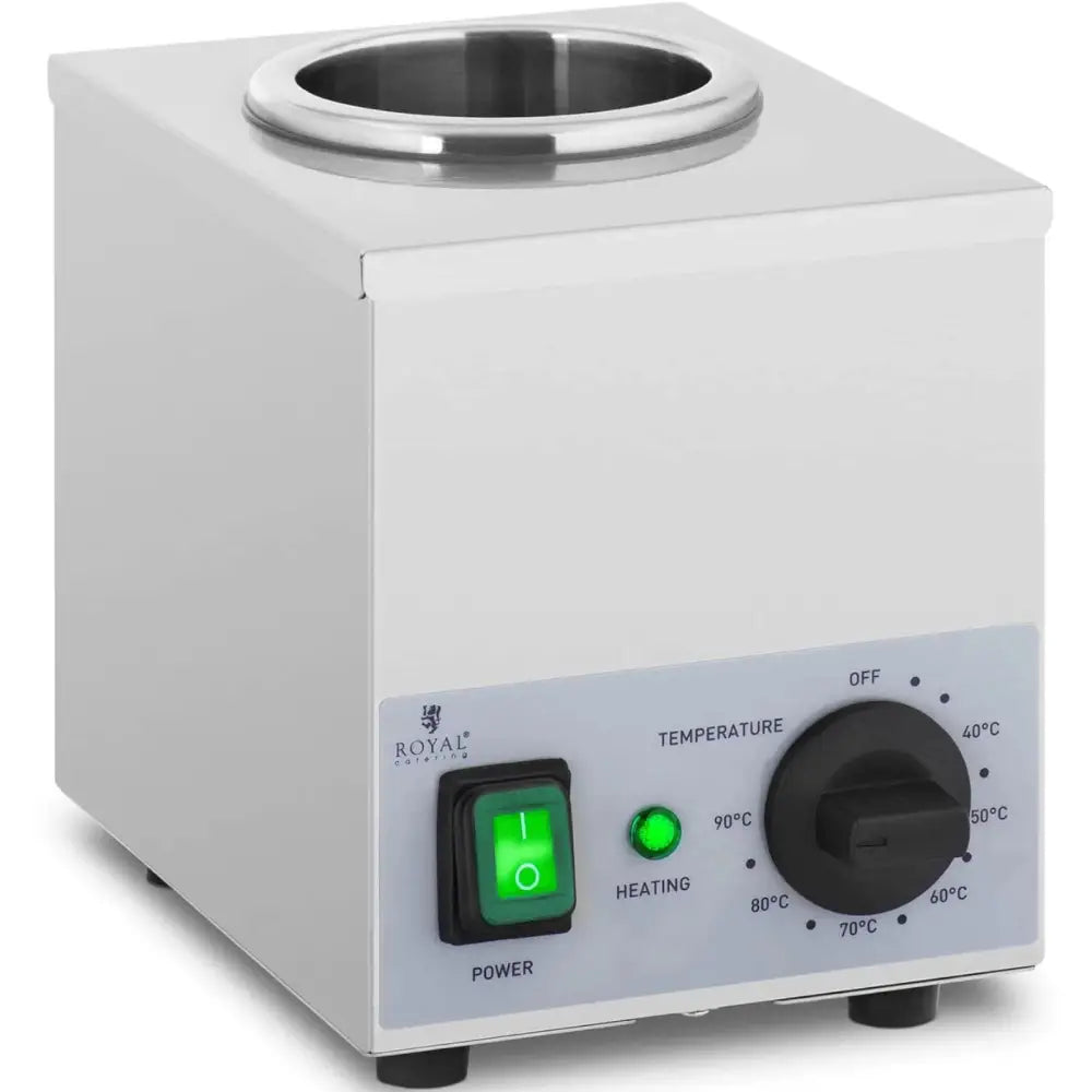 Varmeskap for sauser, sett skrått forfra med rund beholder, grønn bryter og synlig temperaturskala på panelet.