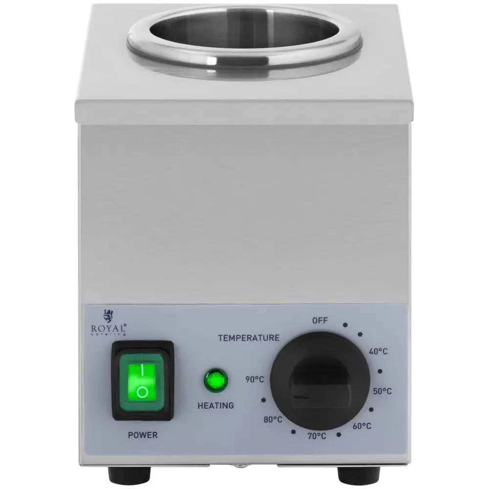 Varmeskap for sauser, frontbilde som viser grønn av/på-bryter, temperaturhjul og opplyst indikatorlampe.