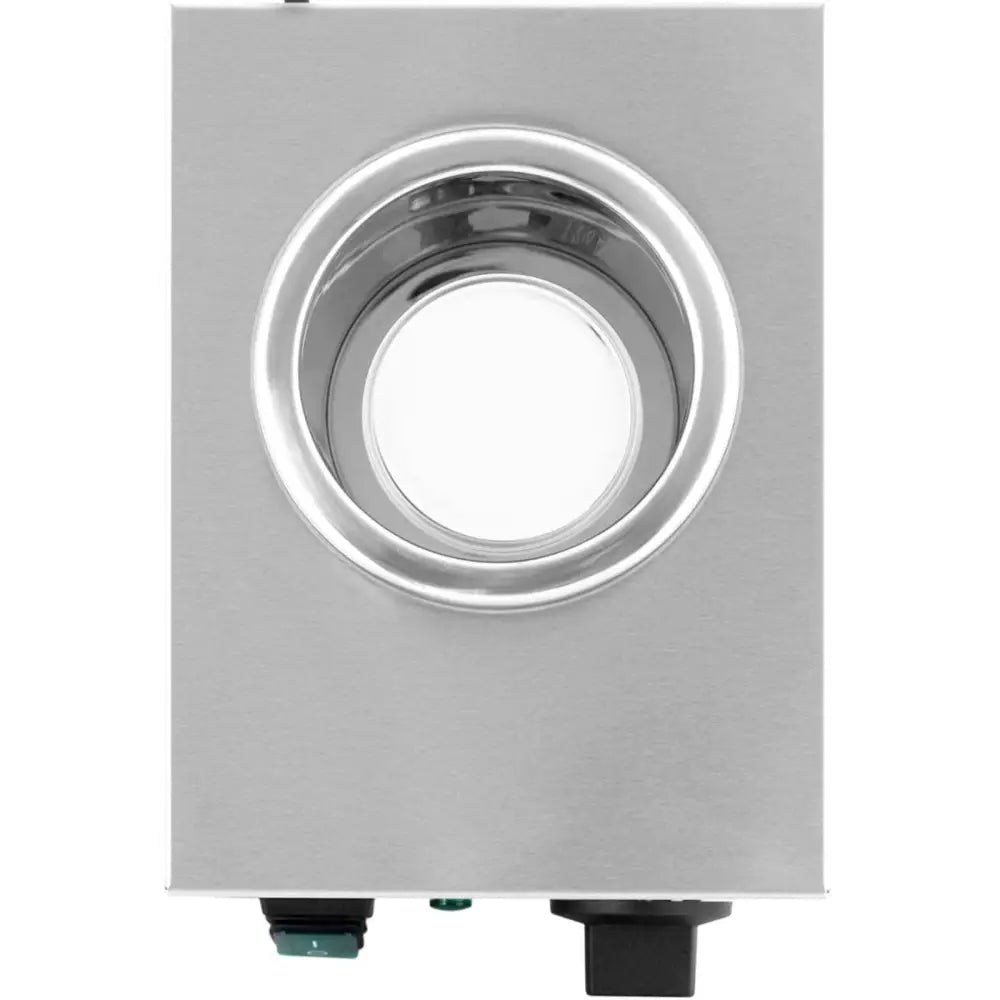 Varmeskap for sauser, frontbilde med sirkulær åpning, metallic kant og to betjeningsknapper nederst.