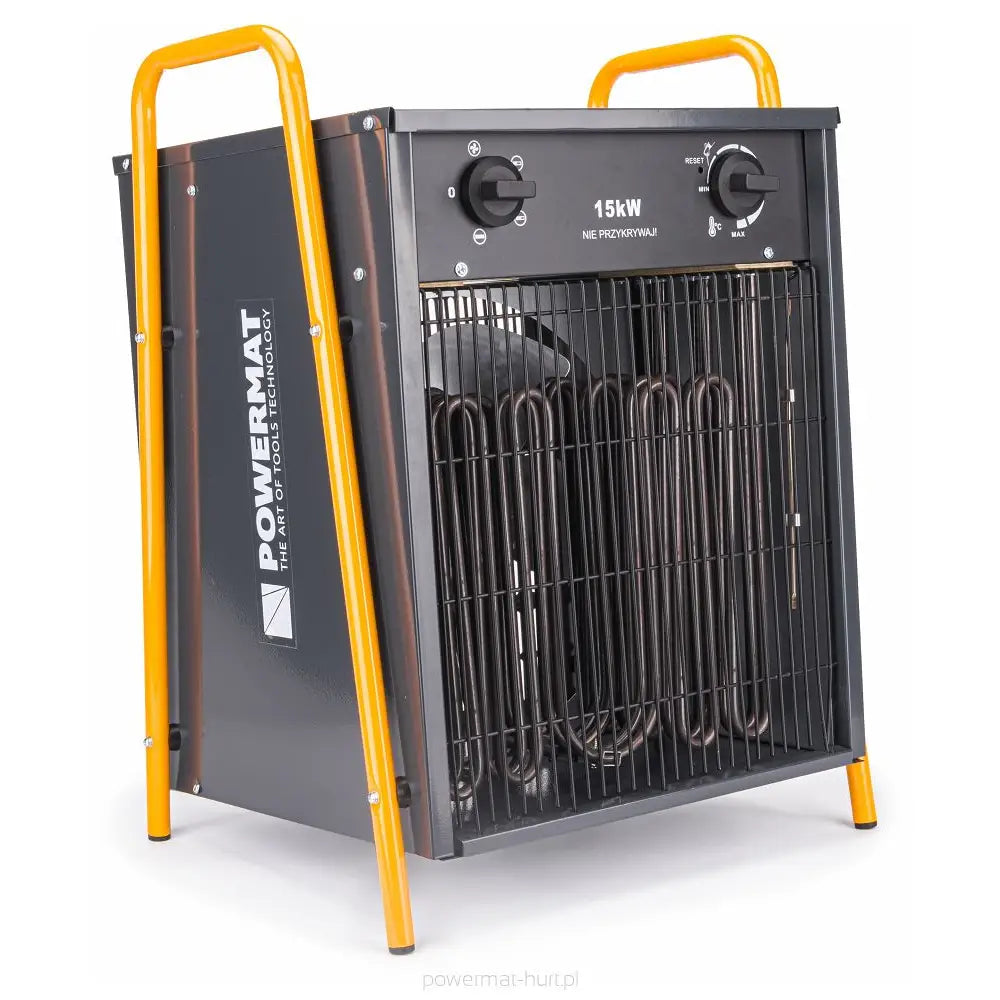 Varmevifte i sort metall med oransje håndtak, skrå forside som viser betjeningsknapper og sikkerhetsgitter.