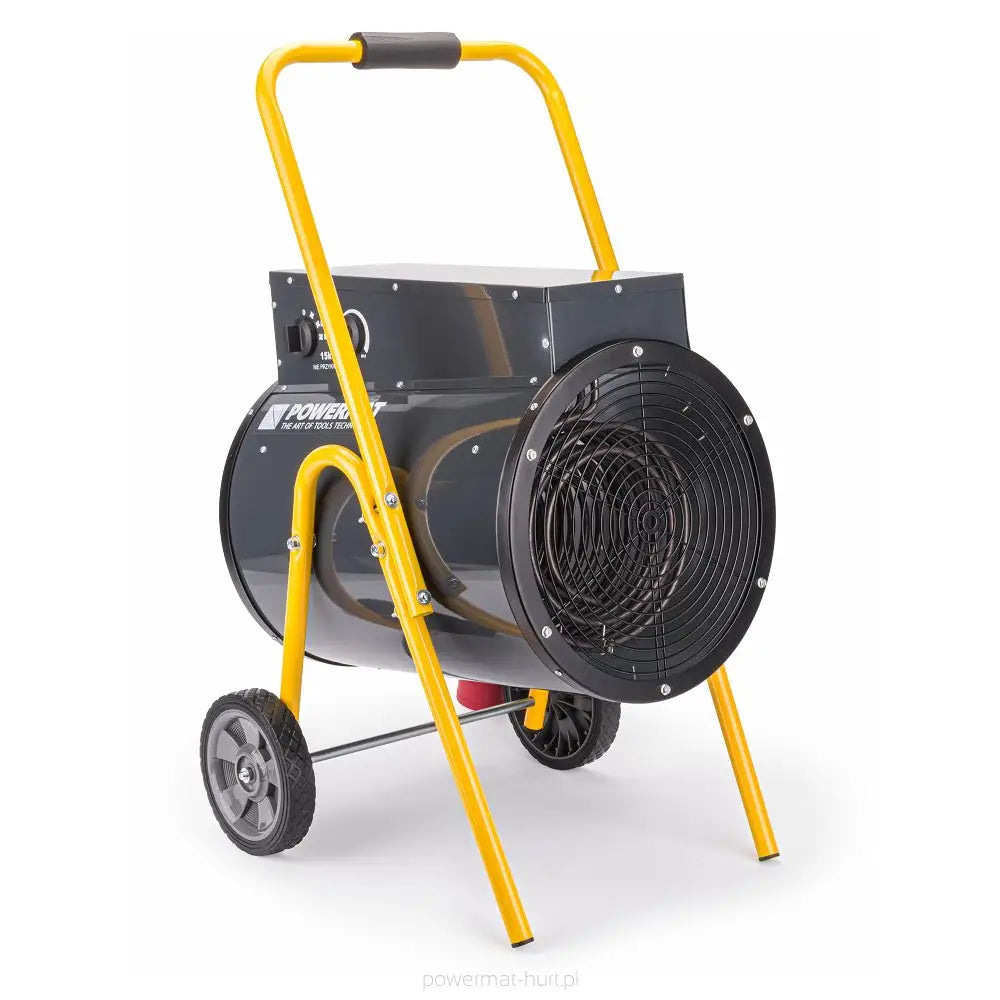 Industriell varmevifte på stativ med gule ben, håndtak og hjul, sett forfra med synlig frontgitter.