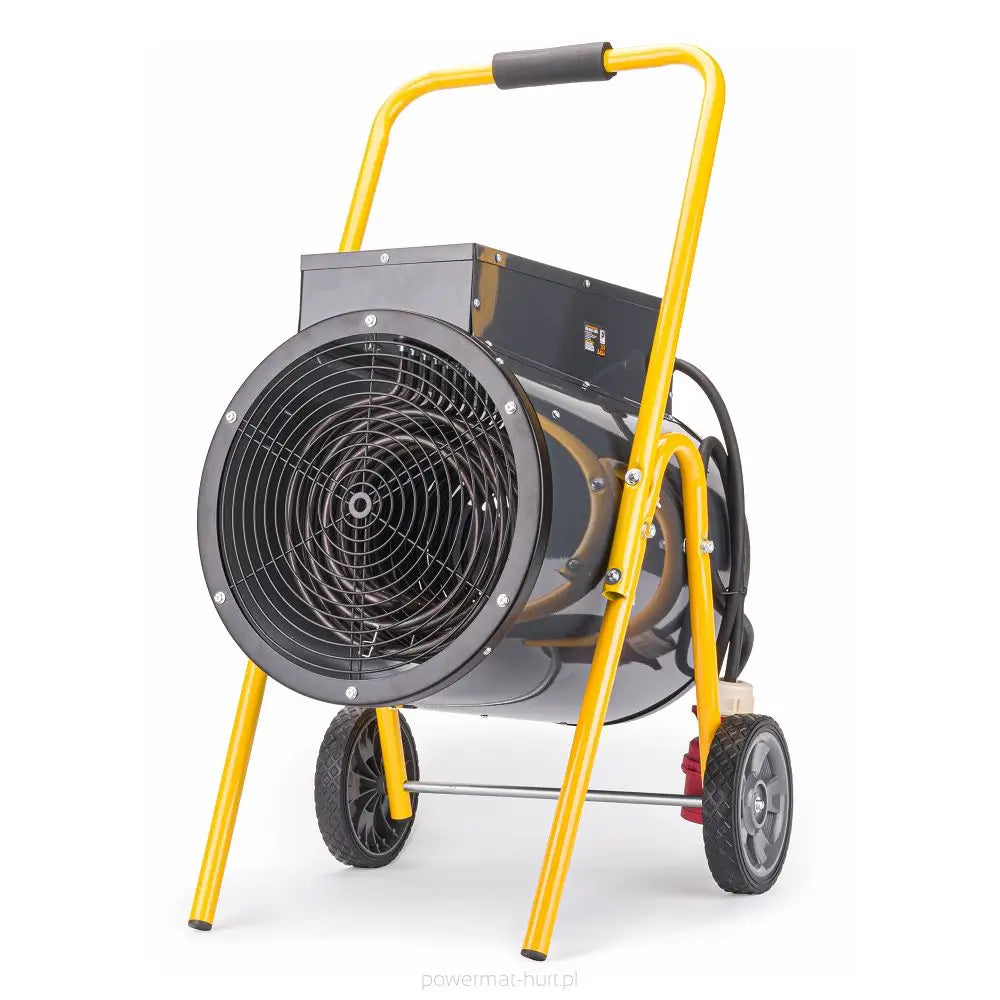 Industriell varmevifte med sort metallkabinett, gult rammeverk, hjul og bærehåndtak sett fra skrå forside.