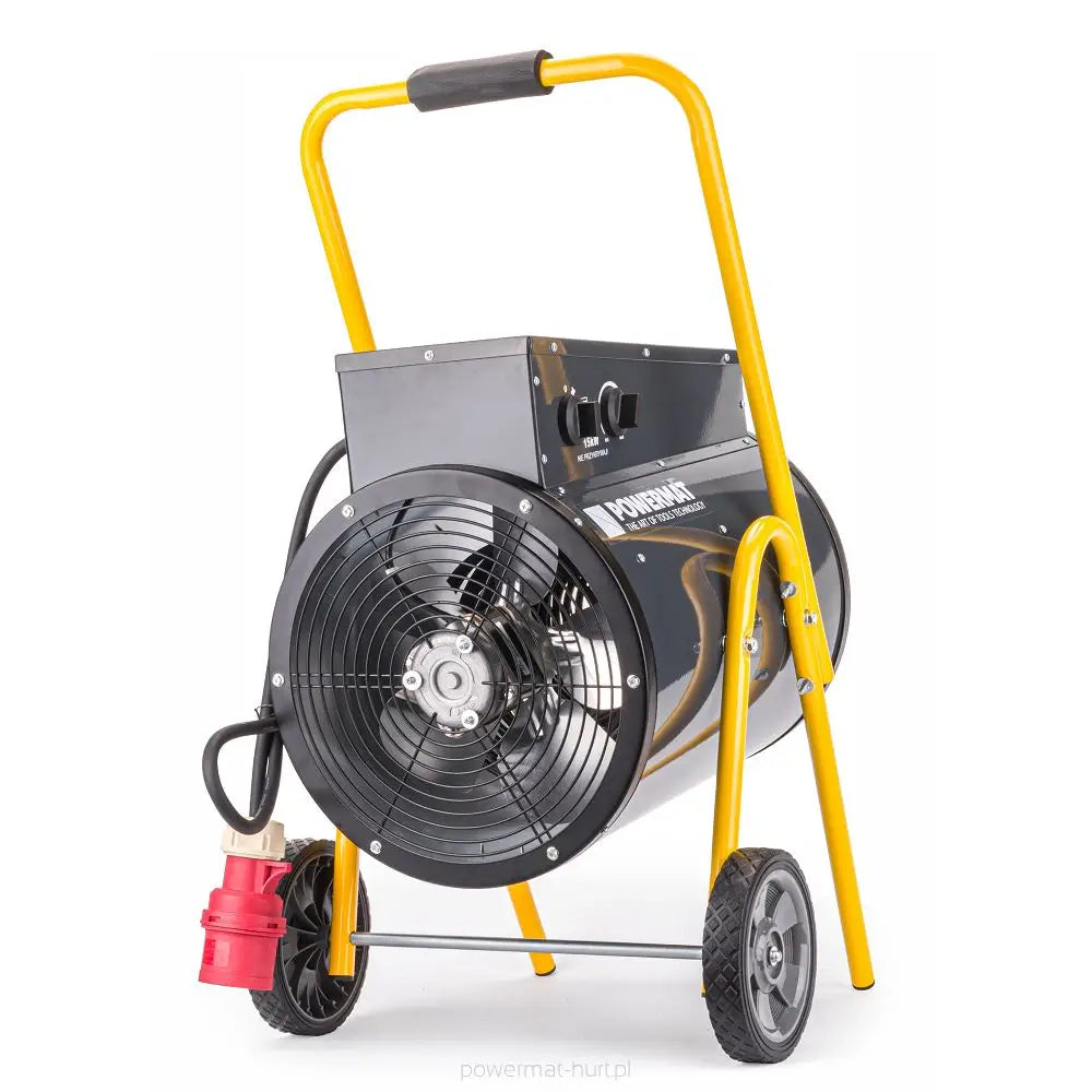 Elektrisk varmevifte, sort og gul modell med hjul, sett skrått forfra, viser ventilasjonsriller og håndtak.