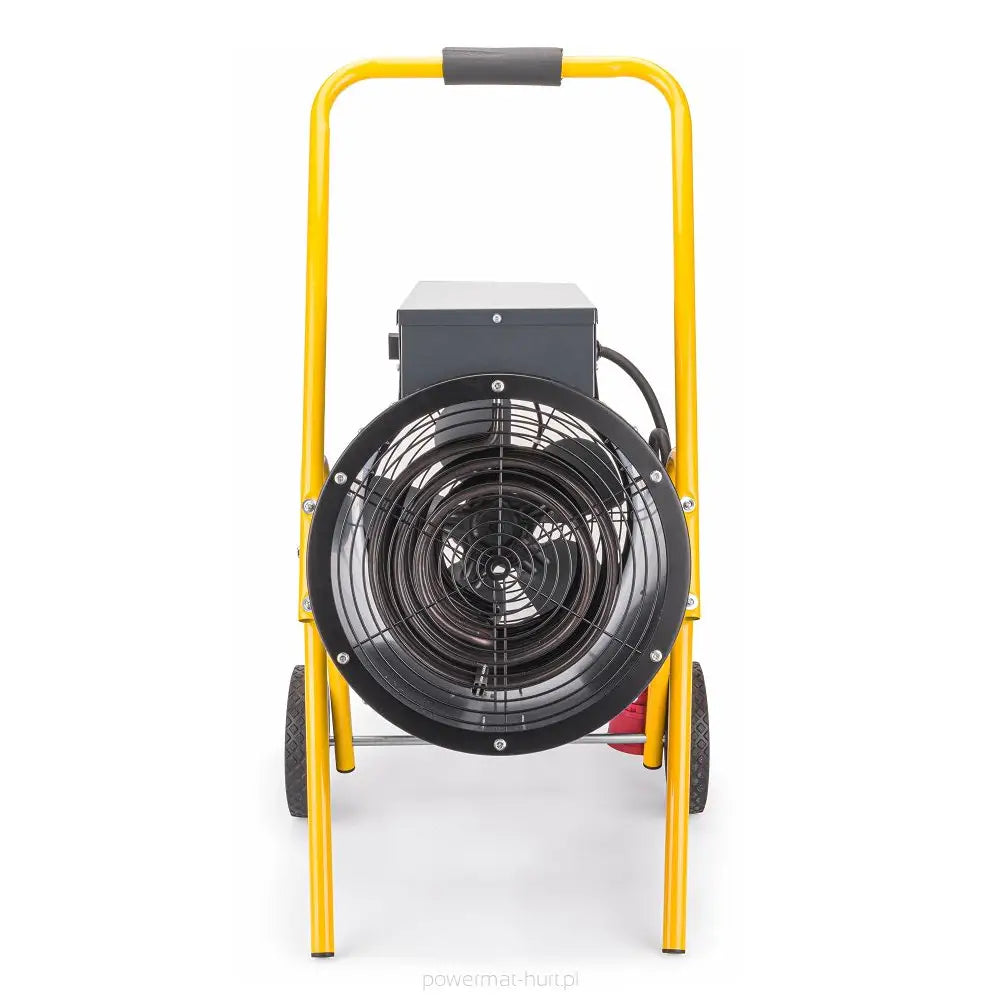 Varmevifte, frontvisning med sort gitter, gule ben og håndtak samt store hjul for enkel transport.