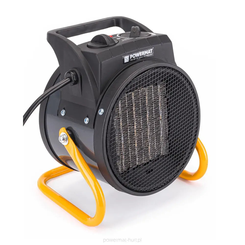 Sort elektrisk varmevifte med gule metallben, sett fra siden, viser gitterfront og bærehåndtak på toppen.