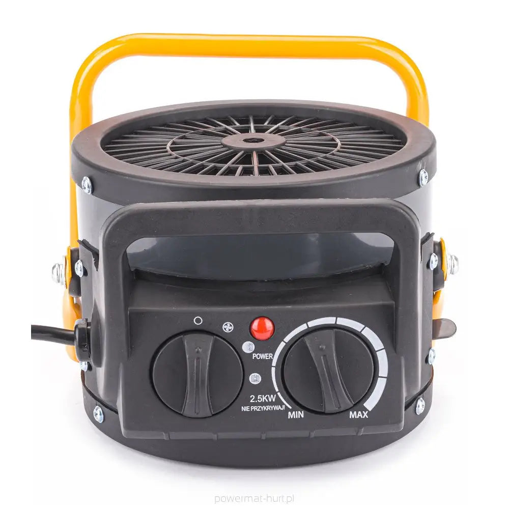 Varmevifte i svart og gul, frontvisning med fokus på kontrollpanelet med to dreieknapper og rød lampe.