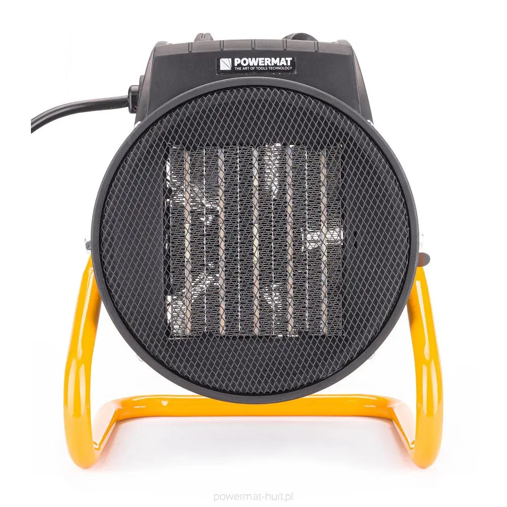 Elektrisk varmevifte med sort metallgitterfront, gul ramme og synlig varmeelement sett forfra.