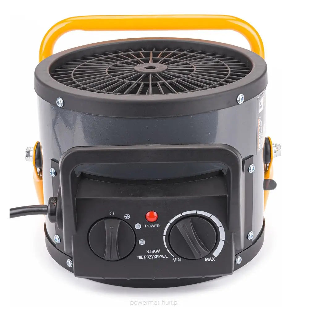 Elektrisk varmevifte i sort og grått metall, frontvisning med oransje håndtak og synlig kontrollpanel.