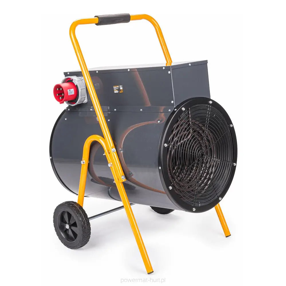 Varmevifte, skrå frontvisning av sort vifteovn med gul ramme, hjul og rød kontakt på siden.