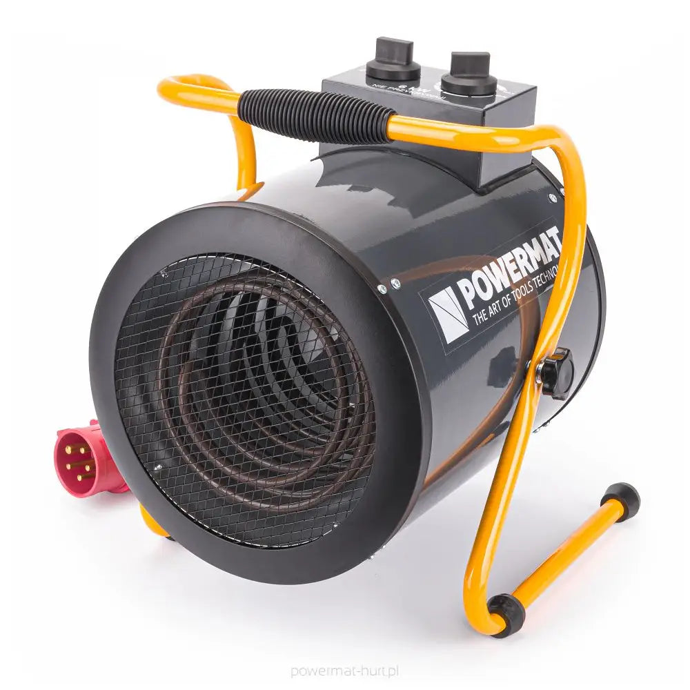 Varmevifte med gule ben, sort frontgitter og rødt strømuttak, to dreieknapper synlige på toppen.