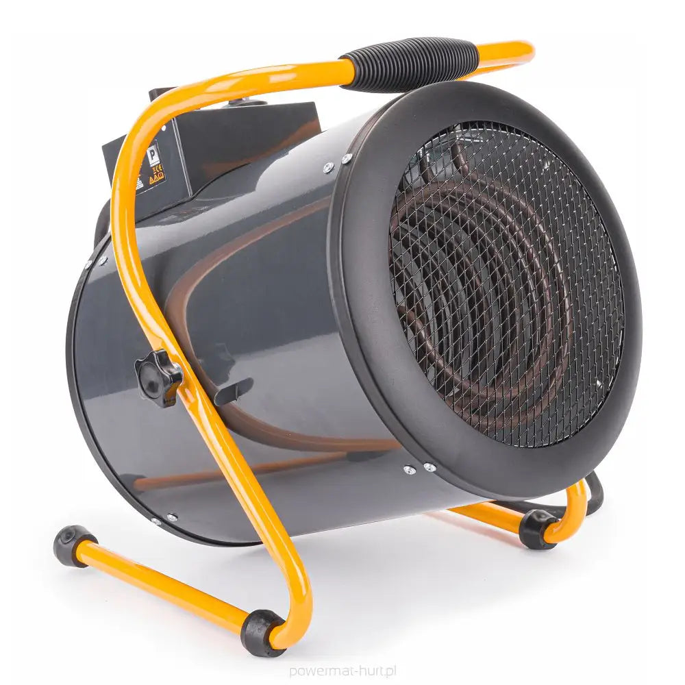 Varmevifte 6kW med svart kabinett, oransje håndtak og stativ, sett fra skrå vinkel med synlig gitter.