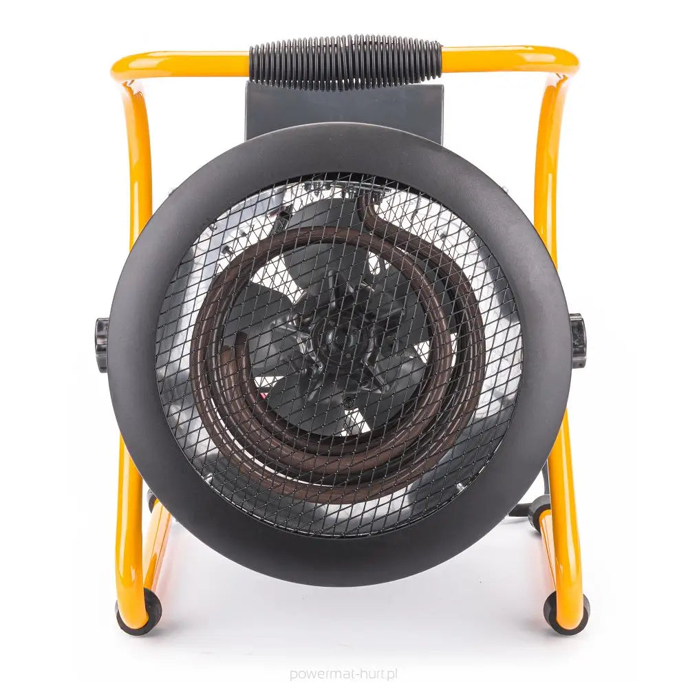 Varmevifte i sort og gul metall, frontvisning med synlig spiralformet varmeelement og beskyttelsesgitter.