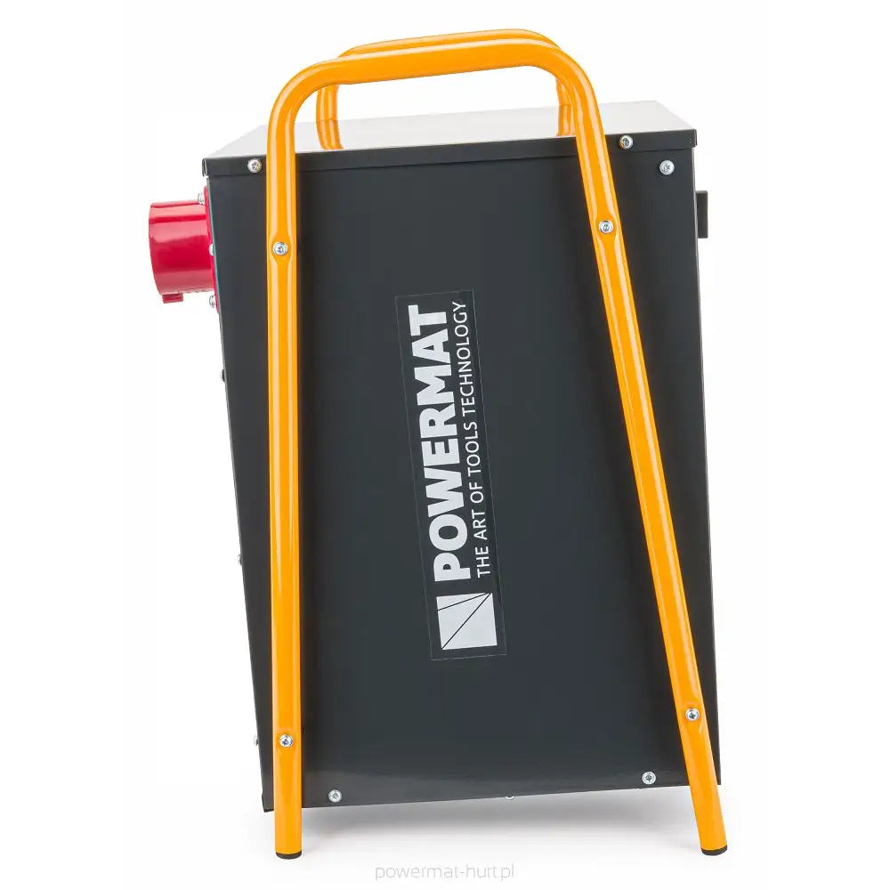 Varmevifte med svart metallkabinett, gule håndtak, POWERMAT-logo og rød tilkobling sett fra siden.
