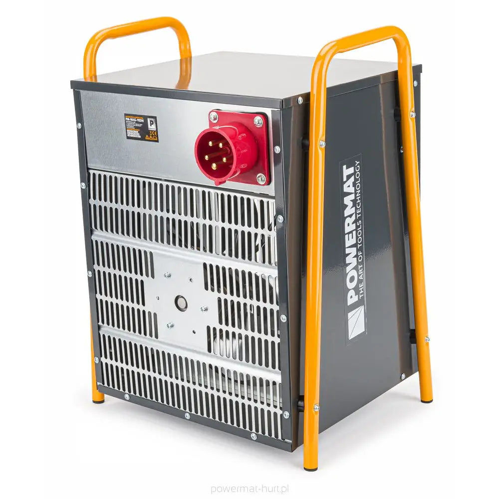 Varmevifte for bygg, side- og bakfra, med gule håndtak og rød kontakt godt synlig mot metallflaten.