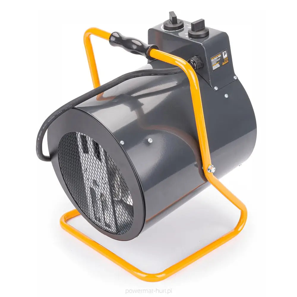 Varmevifte i grått metall på gult stativ, skrå vinkel viser kontrollpanel med to brytere og sort netting foran.