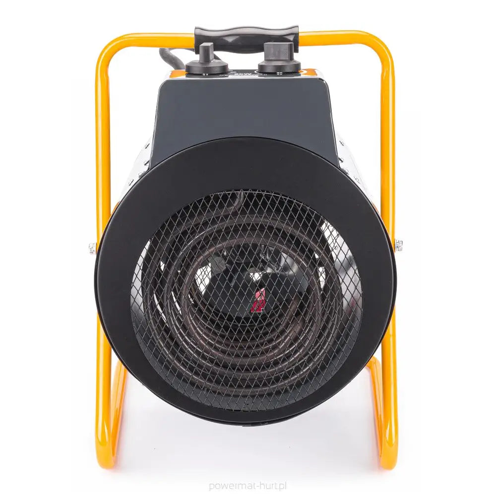 Elektrisk varmevifte i svart metall, frontvisning med gult bærehåndtak og beskyttende gitter.