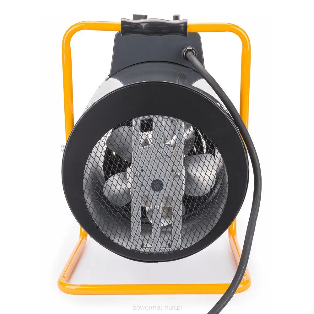 Elektrisk varmevifte med sort front, synlig metallgitter og propellblad, gul ramme, frontvisning.