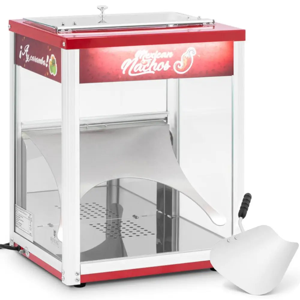 Glassmonter for nachos med rød ramme, teksten "Mexican Nachos" og stor metallspade med sort håndtak.