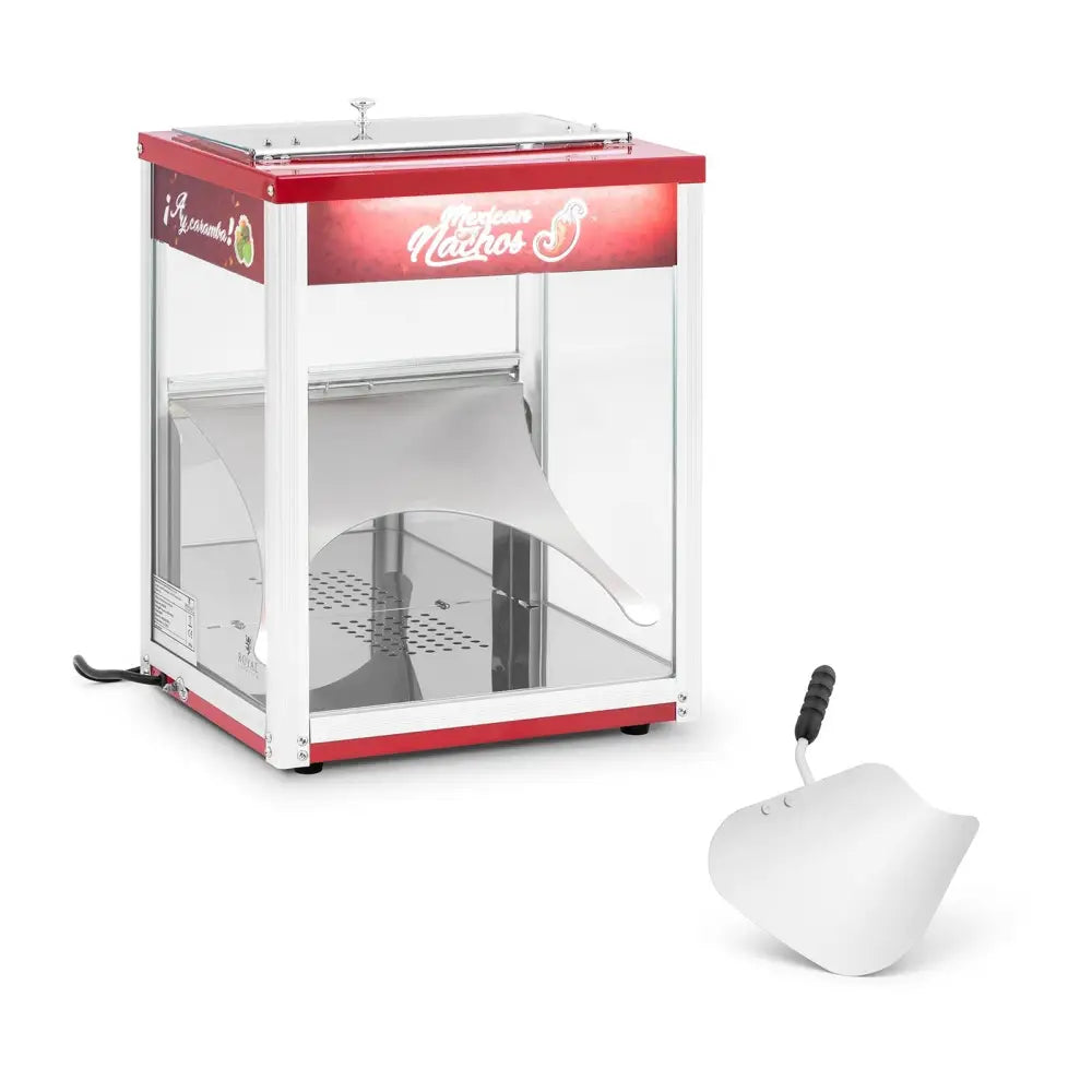 Varmevinduskåpe for nachos- og popcornvarmer 45L, skrå frontvisning med stor hvit spade foran maskinen.