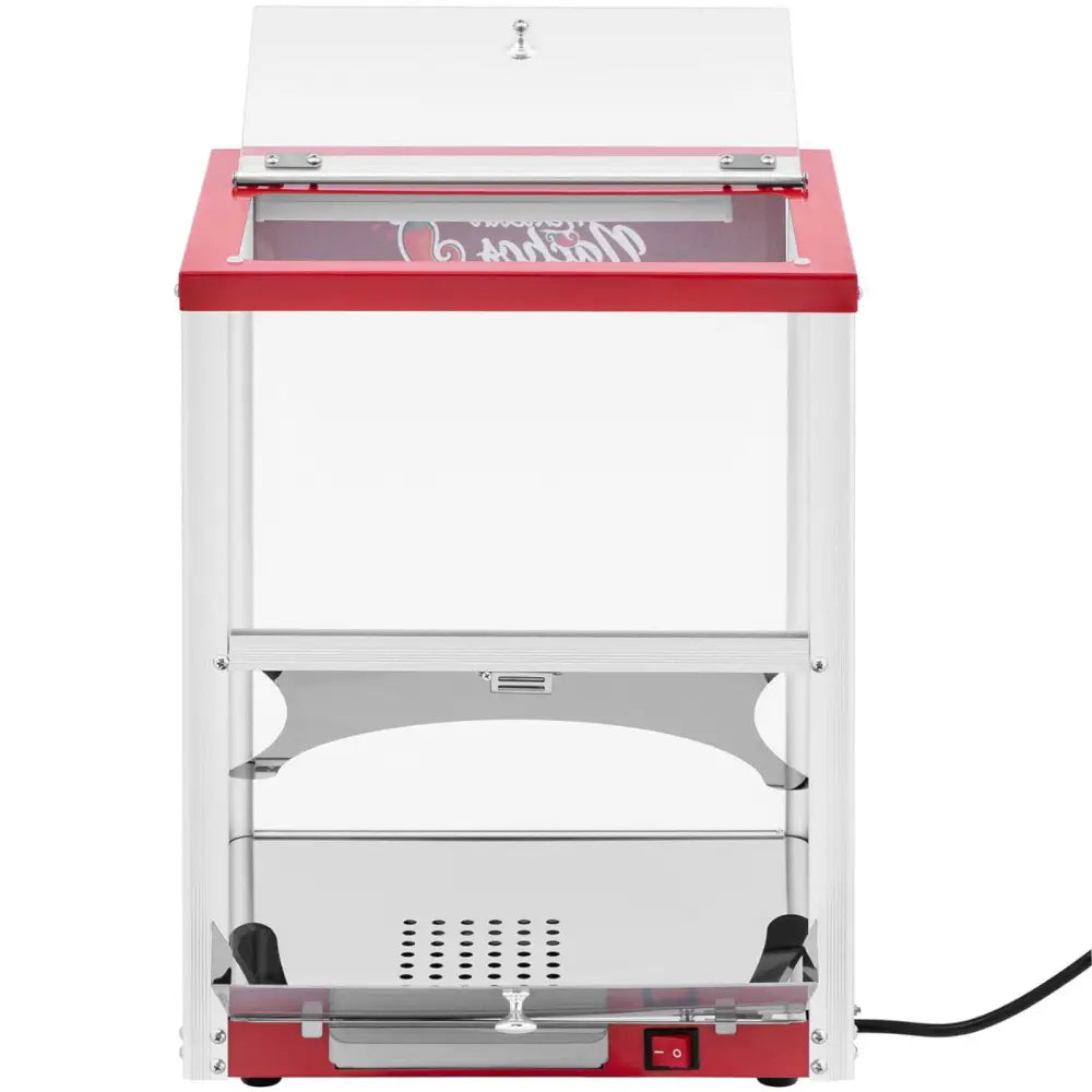 Varmevinduskåpe for nachos- og popcornvarmer 45L, frontbilde med rød kant, skrulokk og LED-belysning.