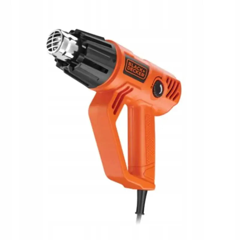 Varmluftspistol Black&Decker 2000W, oransje plast med sort metall-dyse og sidebryter, sett skrått forfra.
