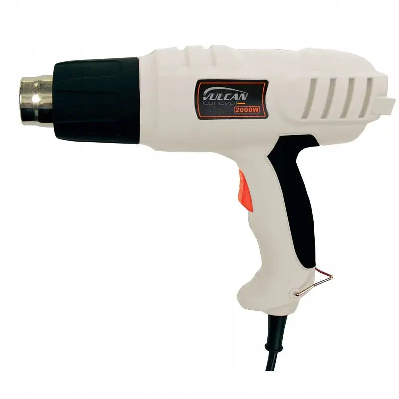Varmluftspistol 2000W Vulcan, sidevisning med oransje knapp og tydelig effektangivelse på 2000 W.