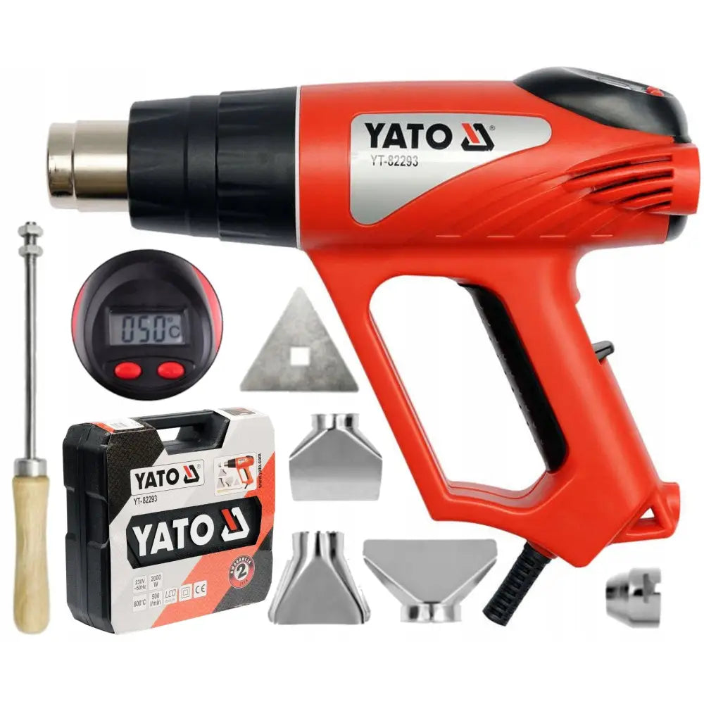 Varmluftspistol 2000W med LCD-skjerm, sidevisning med tilbehør som munnstykker, etui og treskaftverktøy.