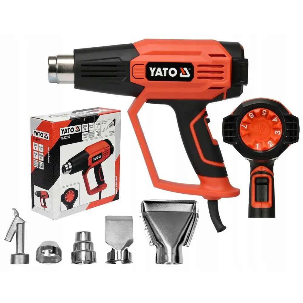 Varmluftspistol Loddepistol 2000W, sidevisning med metall-dyser, emballasje og detaljert innstillingshjul.