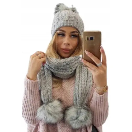 Varmt Dame Sett med Lue og Skjerf Pompoms Grå
