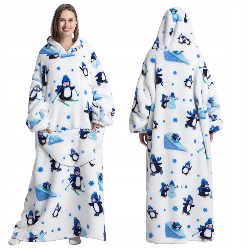 Varmt Pledd med Ermer og Hette Pingvintema Hvit Gavepledd for Vinteren