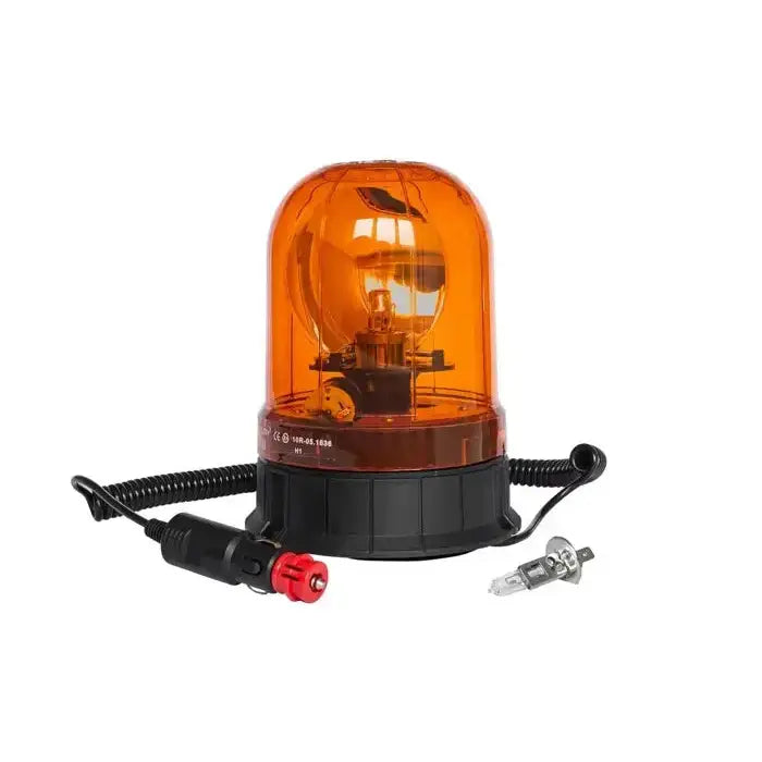 Varsellampe H1 med oransje roterende kuppel, sort base, spiralledning og løs pære synlig fra skrå vinkel.