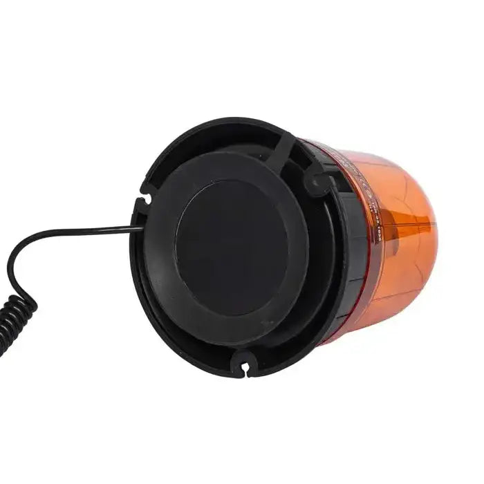 Varsellampe H1, underside med spiralformet ledning og kraftig magnetfot i sort og oransje plast.