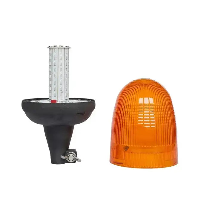 Varsellampe LED, oransje riflet kuppel og svart base med synlig LED-innsats, sidevisning mot hvit bakgrunn.