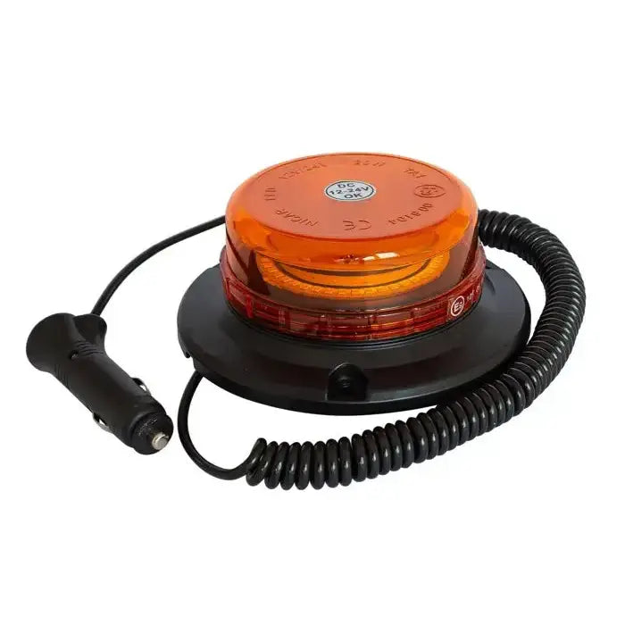 Varsellampe LED, oransje rund lykt med sort base og spiralformet 12V kabel, sett skrått ovenfra.