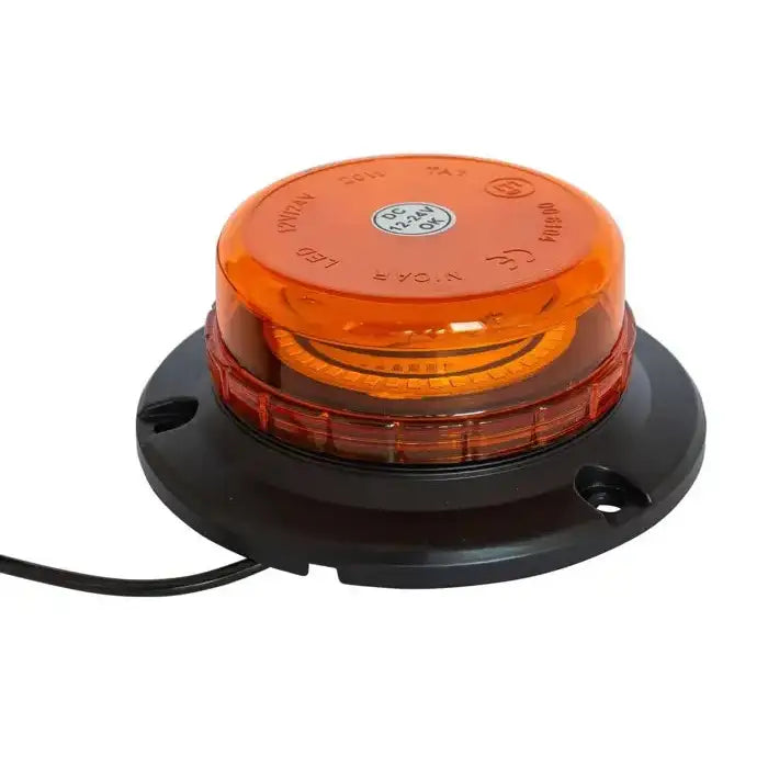 Varsellampe LED, oransje rund modell med sort base, synlig kabelutgang og festepunkter fra skrå vinkel.