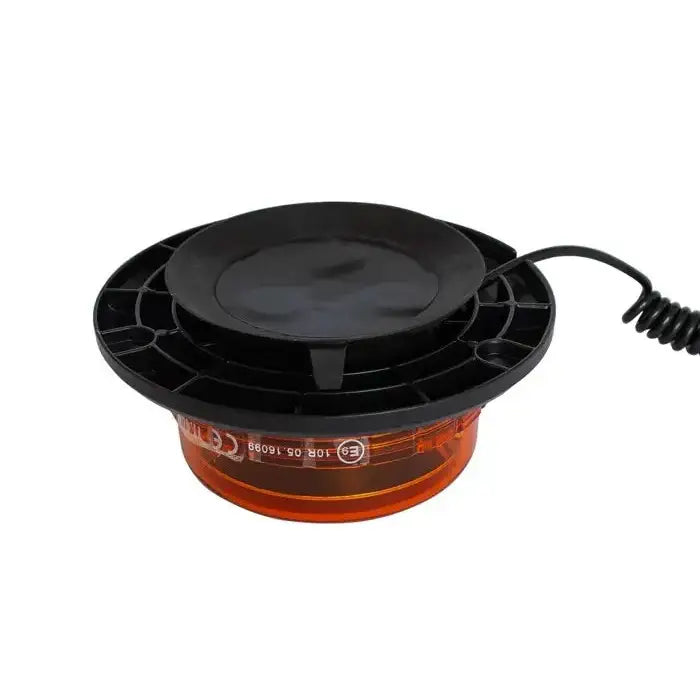 Varsellampe LED med oransje base og sort topp, sett skrått med spiralformet ledning tydelig på høyre side.