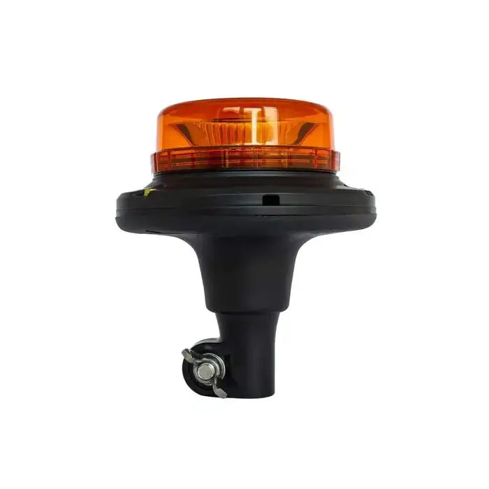 Oransje varsellampe med sort sokkel og avrundet form, frontvisning med synlig metallfeste på hvit bakgrunn.
