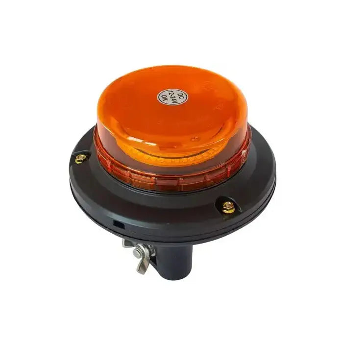 Varsellampe LED med oransje kuppel, sort base og synlig metallfeste, fotografert skrått ovenfra.