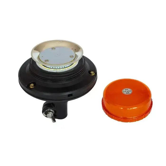 Varsellampe LED med svart rund form, metall- og plastdetaljer, oransje deksel ved siden av.