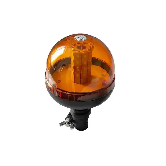 Varsellampe SMD LED, oransje rund lykt med sort sokkel og metallfeste, skråvisning som viser klar topp.