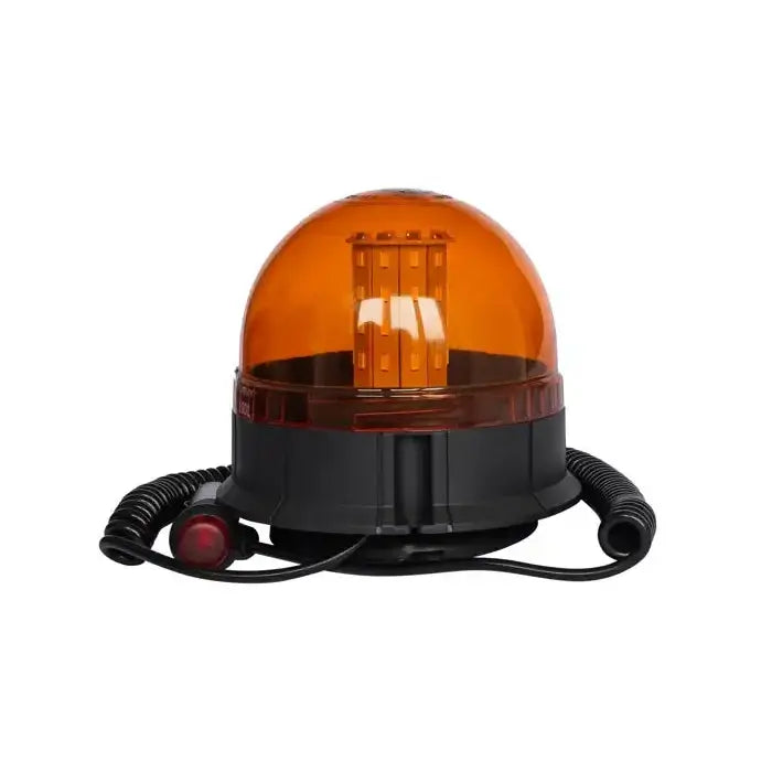 Varsellampe SMD LED med oransje kuppel, sort sokkel, spiralformet kabel og rød bryter sett forfra.